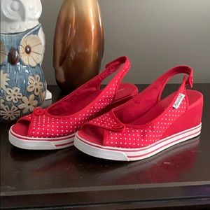 Red And White Polka Dot Slingback Wedge Sandal